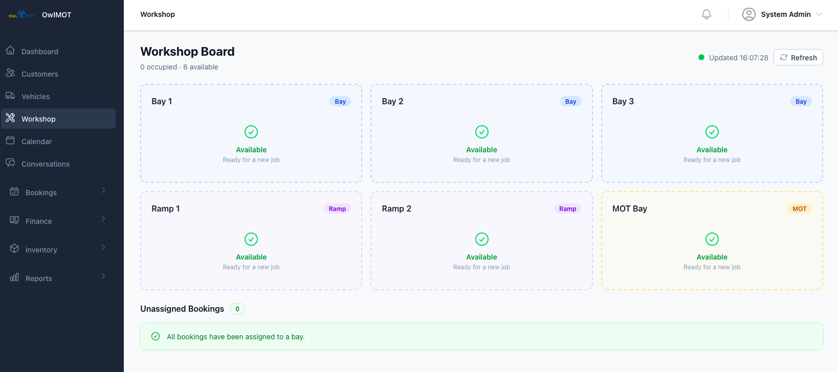 OwlGMS workshop board showing bay availability, ramp status, and MOT bay with real-time job tracking across 6 workshop bays